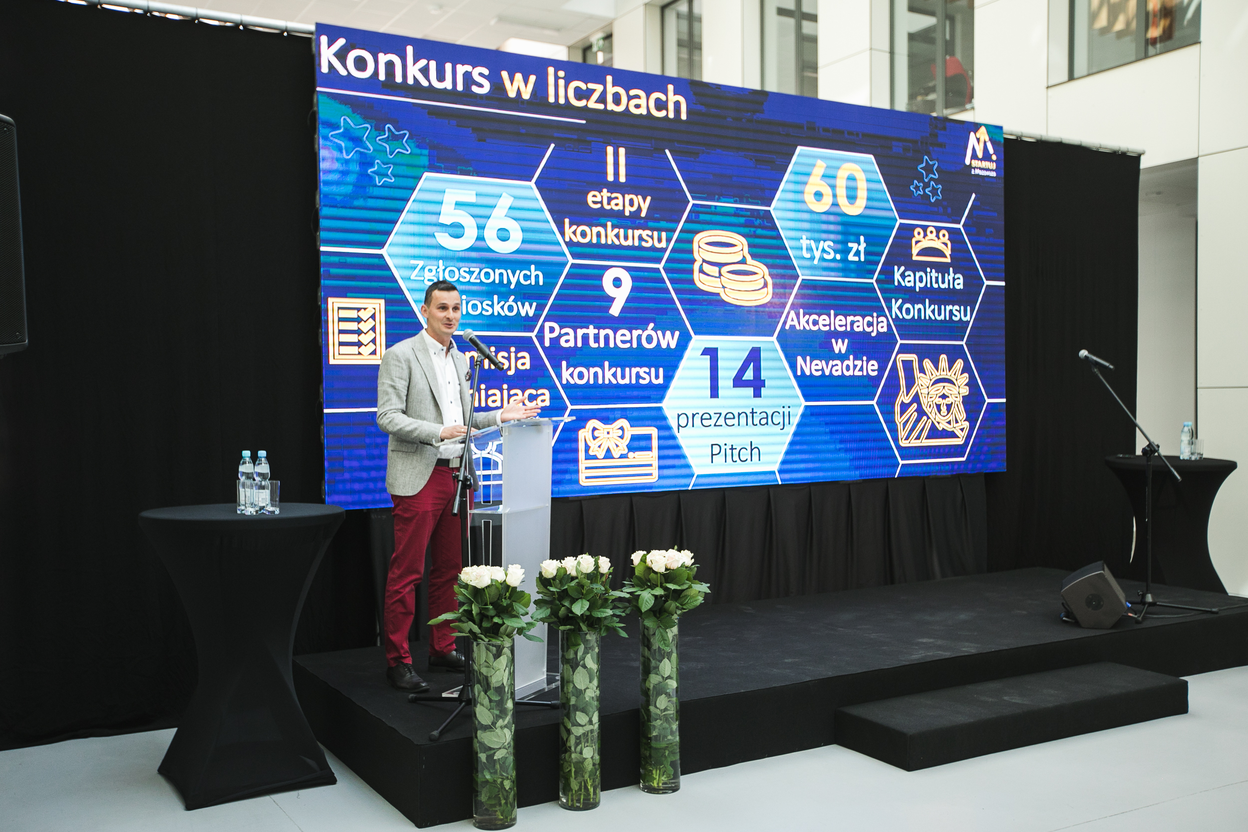 Na zdjęciu Adrian Migoń - przewodniczący komisji oceniającej, prezes Fundacji Inkubator Technologiczny - Youth Business Poland. W tle slajd z podsumowaniem konkursu w liczbach. 